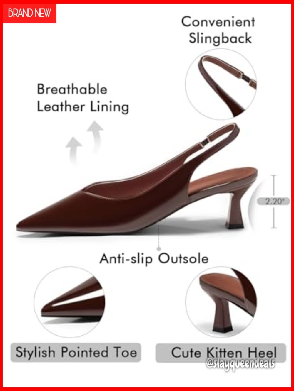 Womens Slingback Kitten Heels Low Heel Pointed Toe Pumps Dress Work Shoes - Picture 5 of 7